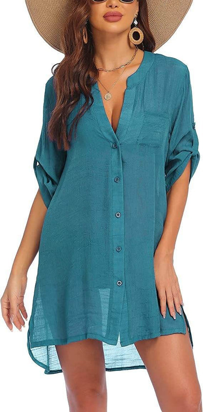 European And American Sun Protection Women Beach Linen Shirt dress