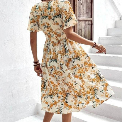 Robe mi-longue d'été décontractée bohème à manches courtes et col en V, avec ceinture à nouer et imprimé floral pour femme