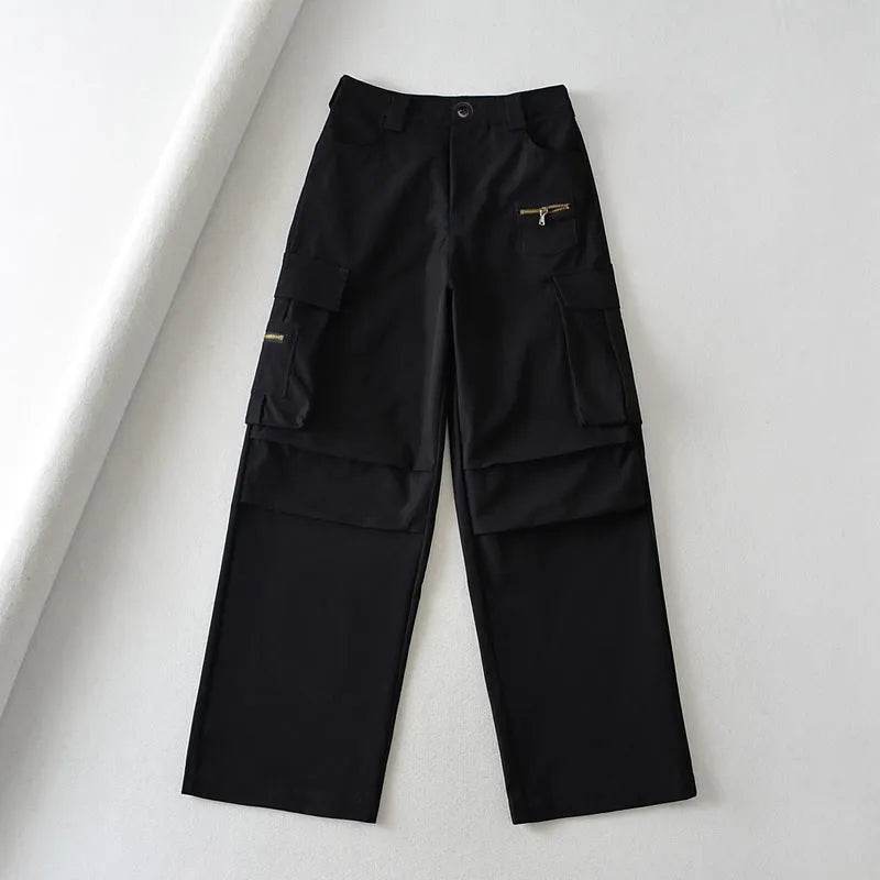 Retro High Waist Multi-pocket Cargo Pants Women