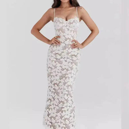 White Lace Wedding Dinner Party Cocktail Bodycon Spaghetti Strap Split Long Dress