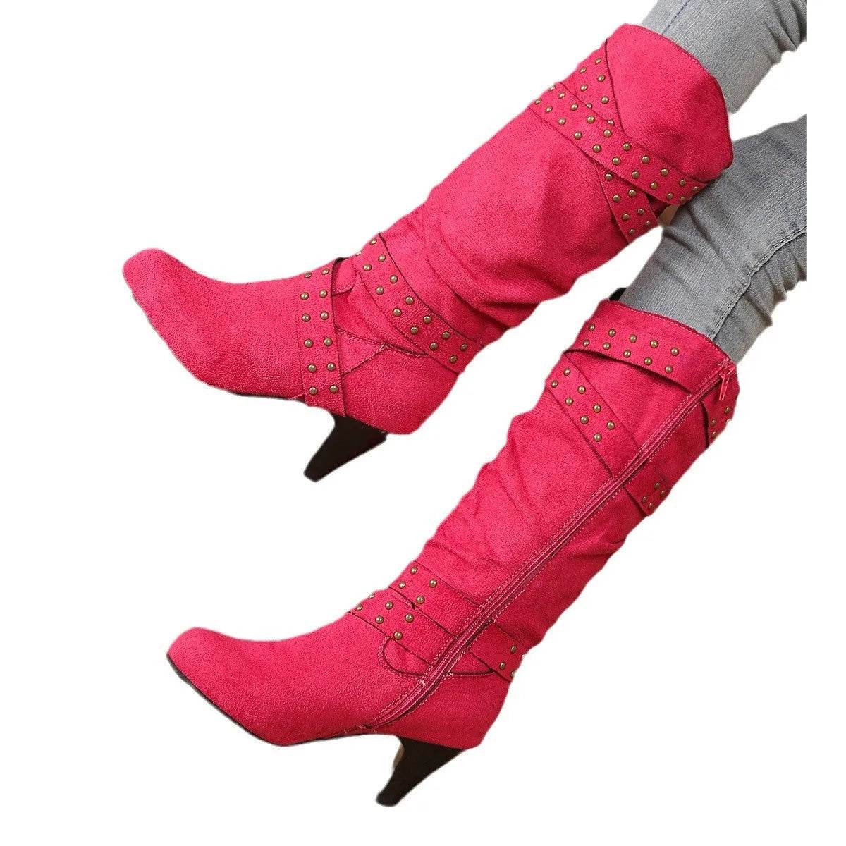 Bottes à talons hauts mode avec lanières croisées et rivets, bottes de cowboy western rétro en V, chaussures décontractées à fermeture éclair pour femmes