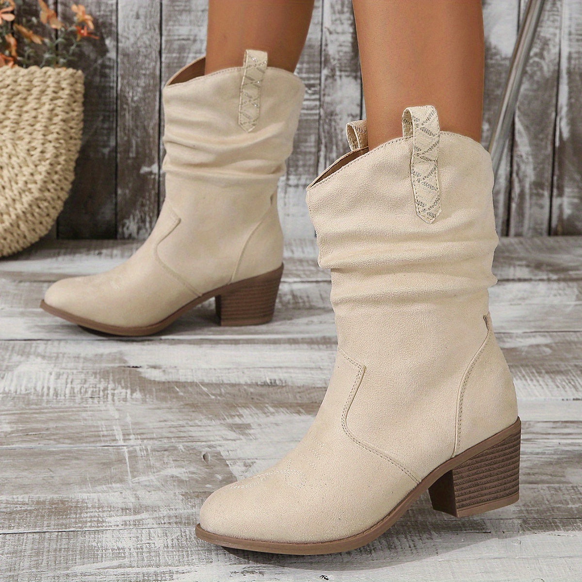 Bottes souples pour femme - Bottines rétro à talon bas - Bottes d'équitation confortables à enfiler avec talon épais pour tenue décontractée