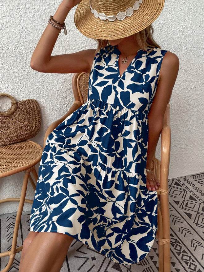Robes bohèmes d'été, mode plage, col en V ample, imprimé plissé, sans manches, pour femmes