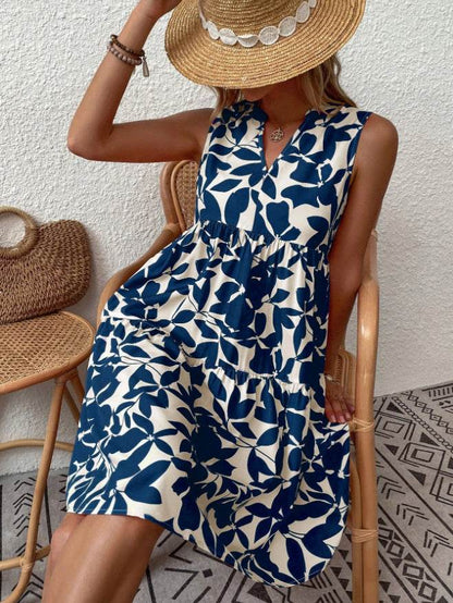Robes bohèmes d'été, mode plage, col en V ample, imprimé plissé, sans manches, pour femmes