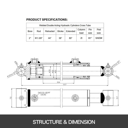 Hydraulic Cylinder 2 Bore 36 Stroke Hydraulic Ram Cylinder 3000psi Hydraulic Cylinders Welded Double Acting Cross Tube SAE6 Port Hydraulic Lifting Cylinder