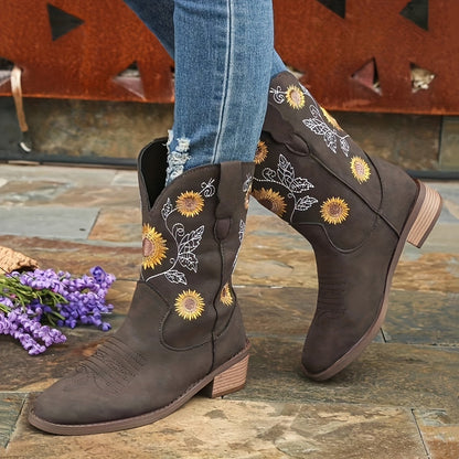 Solid Color Women's Low Heeled Embroidery Cowboy Boots, Pointed Toe V-cut Chunky Retro Mid Calf Western Boots
