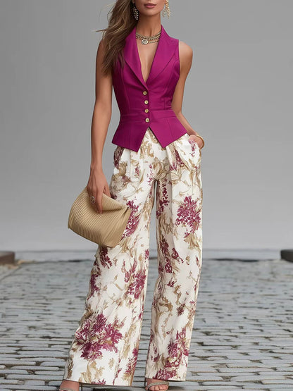 Elegant Buttoned Vest Top And Summer Slimming Wide-leg Pants Two-piece Set For Women