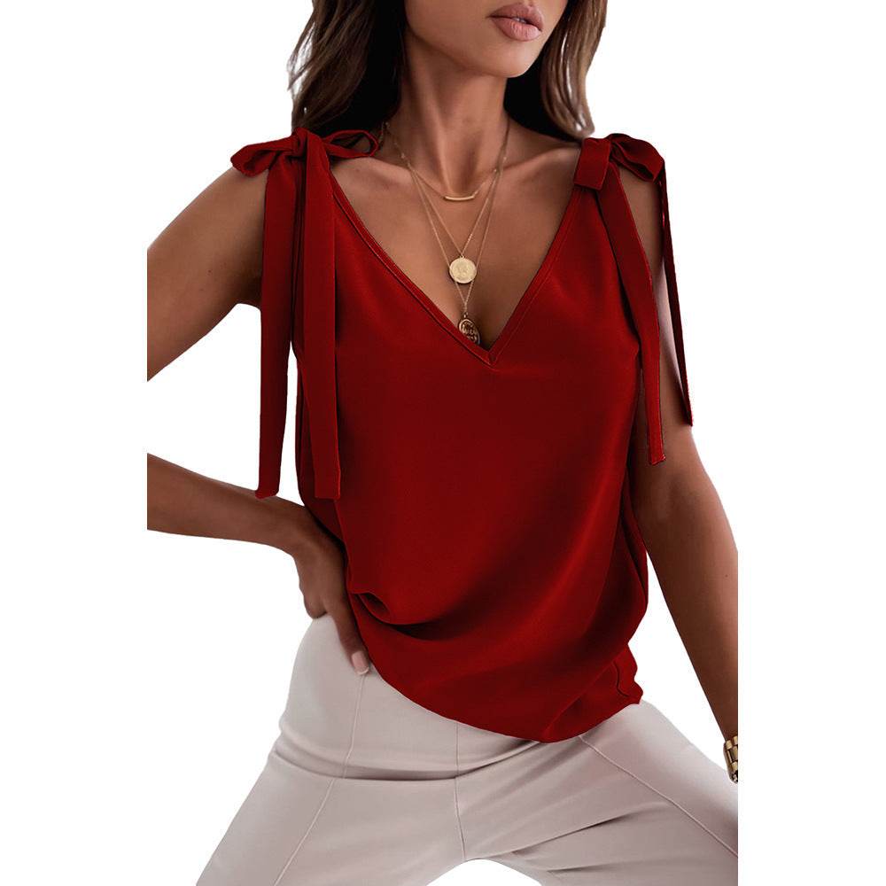 Bowknot Tie Up V-neck top Women Summer Sleeveless Blouse Tops