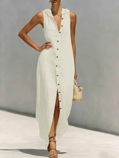 Women's Hooded Sleeveless Button-Down Split Maxi Dress – Casual Vacation Long Dress for Spring & Summer