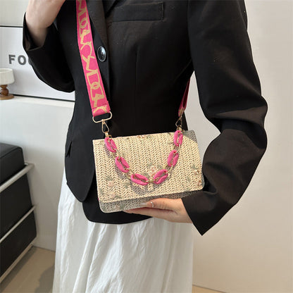 Women's Straw Small Square Crossbody Bag with Acrylic Chain