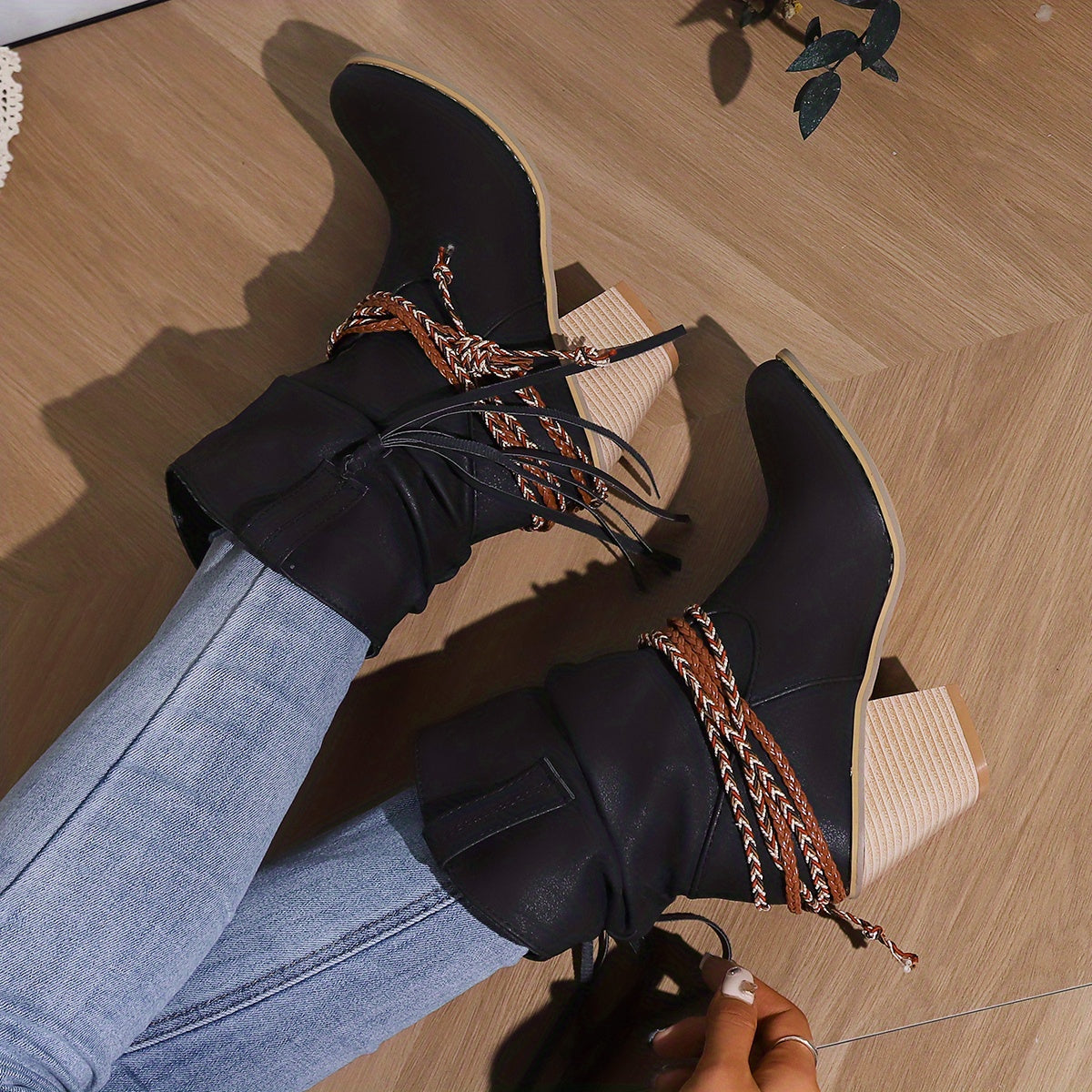 Womens Vintage-Inspired Chunky Heeled Cowboy Boots - Fashionable Tassel & Braided Band Detail, Slip-On Comfort, Soft Slouchy Texture - Retro Short Western Boots