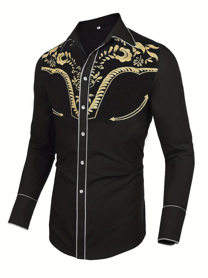 Western Cowboy Chic Long Sleeve Embroidered Shirt - Soft Cotton Blend, Elegant Design, Casual Style for Spring Fall Vacation Resort Wear - Men's Shirt for Outdoor Activities, Travel, and Leisure