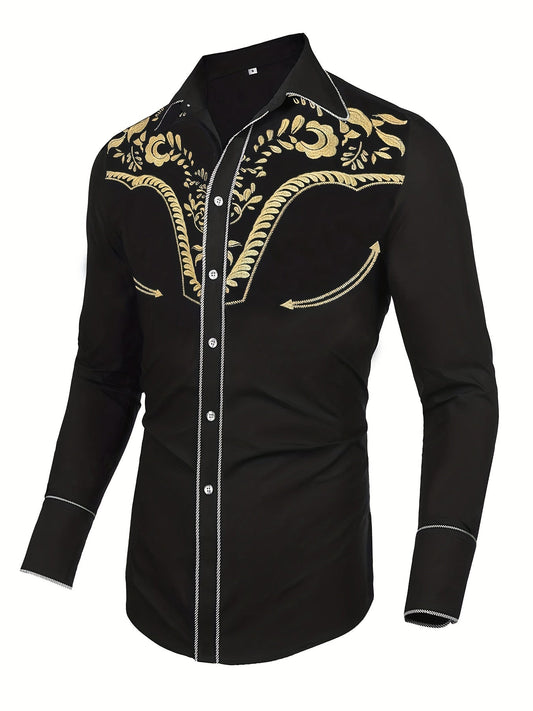 Western Cowboy Chic Long Sleeve Embroidered Shirt - Soft Cotton Blend, Elegant Design, Casual Style for Spring Fall Vacation Resort Wear - Men's Shirt for Outdoor Activities, Travel, and Leisure
