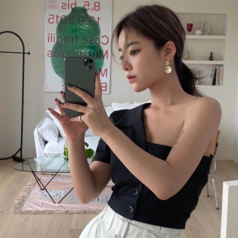 Summer Fashionable Irregular One-shoulder Design  Single-breasted blouse Shirt For Women