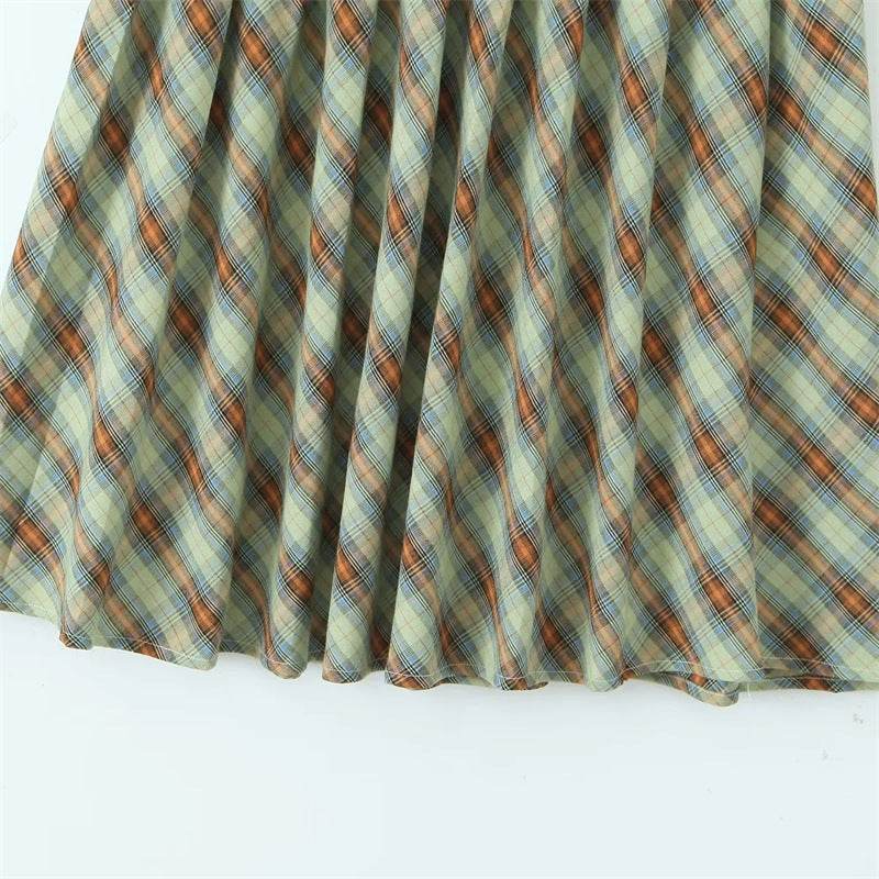 American Retro Low Waist Navel Plaid Pleated Long Skirt Women