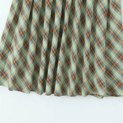 American Retro Low Waist Navel Plaid Pleated Long Skirt Women