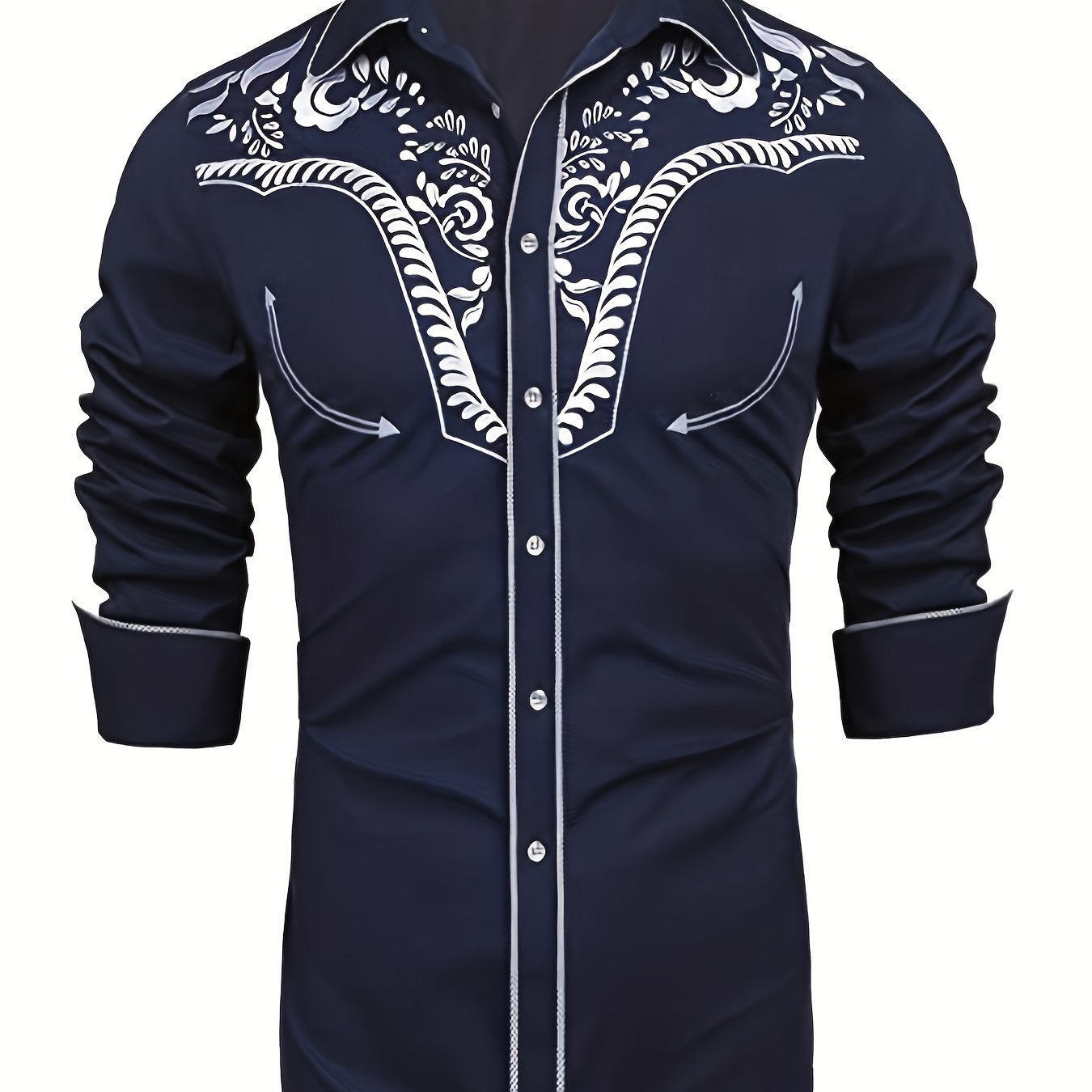 Western Cowboy Chic Long Sleeve Embroidered Shirt - Soft Cotton Blend, Elegant Design, Casual Style for Spring Fall Vacation Resort Wear - Men's Shirt for Outdoor Activities, Travel, and Leisure