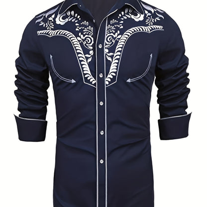 Western Cowboy Chic Long Sleeve Embroidered Shirt - Soft Cotton Blend, Elegant Design, Casual Style for Spring Fall Vacation Resort Wear - Men's Shirt for Outdoor Activities, Travel, and Leisure