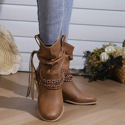 Womens Vintage-Inspired Chunky Heeled Cowboy Boots - Fashionable Tassel & Braided Band Detail, Slip-On Comfort, Soft Slouchy Texture - Retro Short Western Boots
