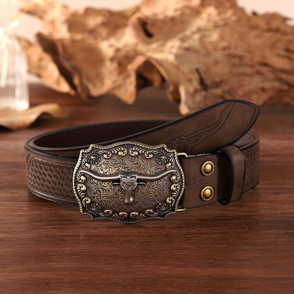 Ceinture Western Vintage pour Homme avec Détails Gaufrés et Boucle Unique - Similicuir Tendance, Bords Brodés, Style Décontracté