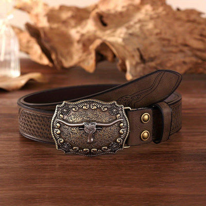 Ceinture Western Vintage pour Homme avec Détails Gaufrés et Boucle Unique - Similicuir Tendance, Bords Brodés, Style Décontracté
