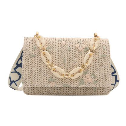 Women's Straw Small Square Crossbody Bag with Acrylic Chain