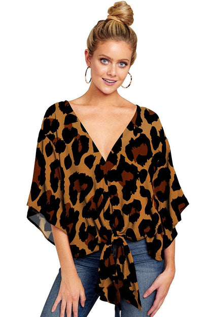 Nouvelle Blouse Col V Femme Imprimé Léopard Floral Noué Devant Chauve-souris Été Surtailles Blouses Dames