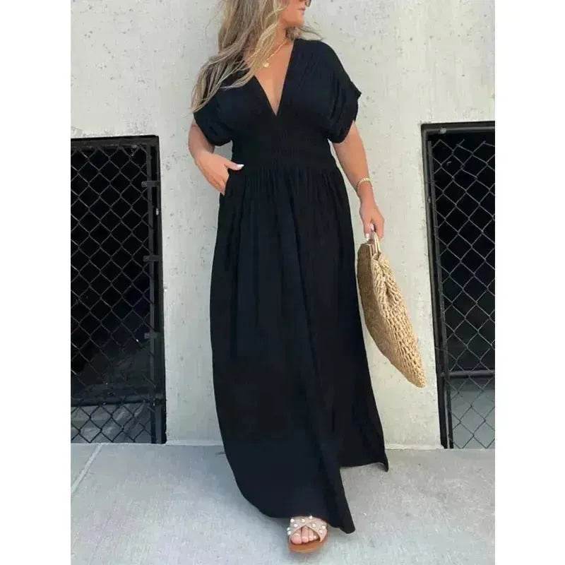Robe longue fendue d'été à manches chauve-souris, col en V, taille élastique et manches courtes pour femme