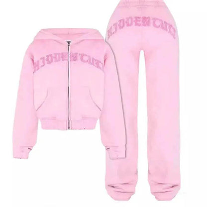 Ensemble de survêtement Ins Letter : Haut court à capuche zippé et pantalon de jogging pour femme – Vêtements de sport deux pièces tendance