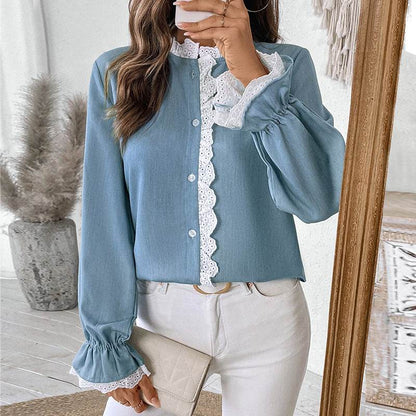 Elegant Single-breasted button Blue Shirt For Women