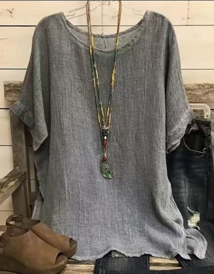 Women Fashion Casual blouse top 3/4 Sleeve Round Neck Blouses Summer Loose linen Tops Streetwear