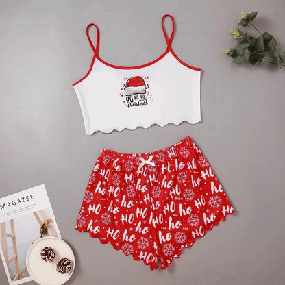 Pyjama de Noël européen et américain pour femme - Débardeur et short - Soie de lait - Simple et décontracté - Deux pièces - Vêtement d'intérieur