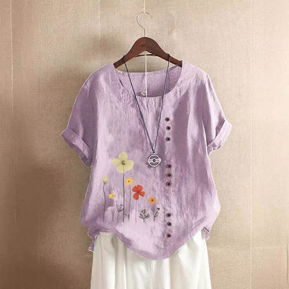 Casual Summer Beach Cotton And Linen Printed Elegant Short Sleeve blouse Top Women