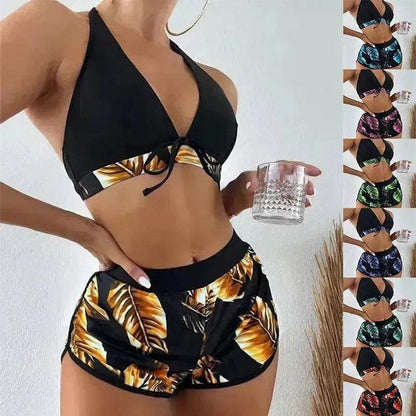 Maillot de bain 3 pièces imprimé feuilles avec short, mode plage été, vêtements pour femmes