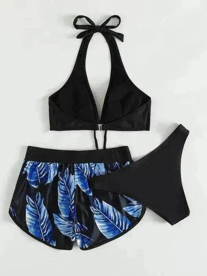 Maillot de bain 3 pièces imprimé feuilles avec short, mode plage été, vêtements pour femmes