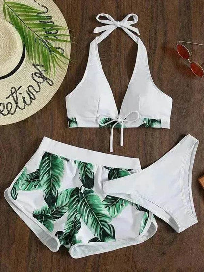 Maillot de bain 3 pièces imprimé feuilles avec short, mode plage été, vêtements pour femmes
