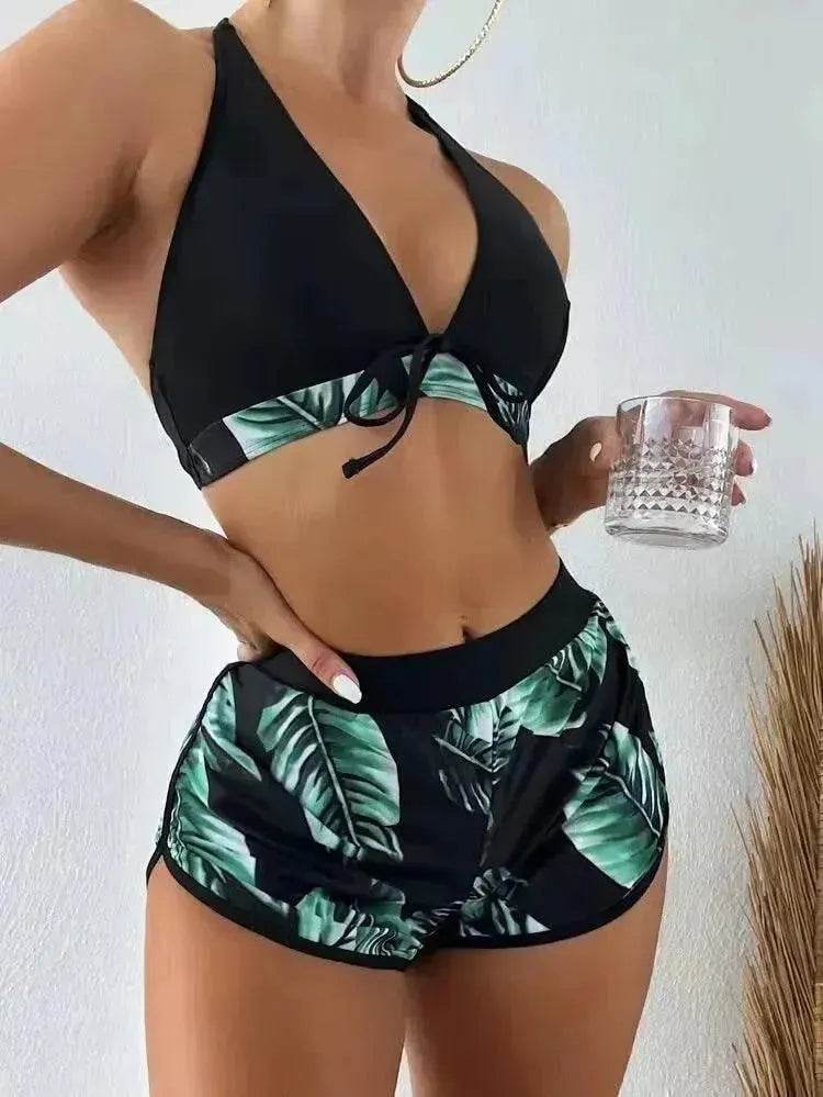 Maillot de bain 3 pièces imprimé feuilles avec short, mode plage été, vêtements pour femmes