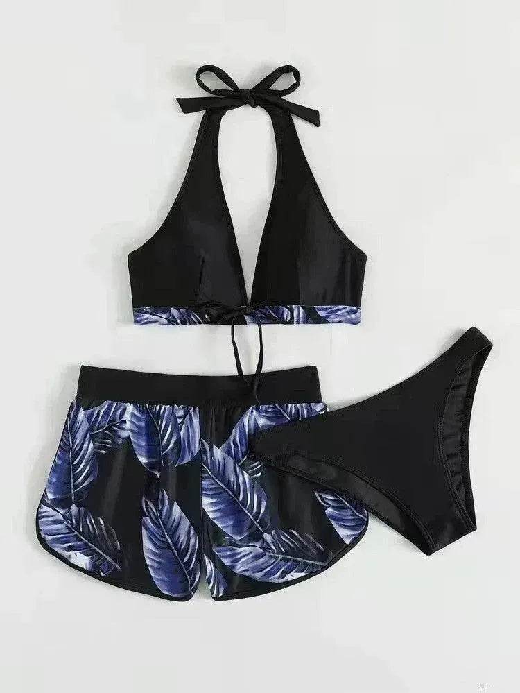 Maillot de bain 3 pièces imprimé feuilles avec short, mode plage été, vêtements pour femmes