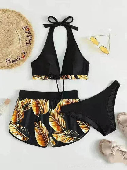 Maillot de bain 3 pièces imprimé feuilles avec short, mode plage été, vêtements pour femmes