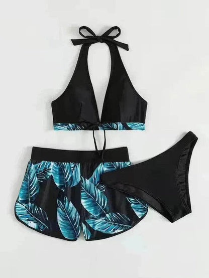 Maillot de bain 3 pièces imprimé feuilles avec short, mode plage été, vêtements pour femmes