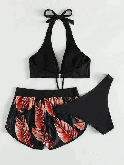 Maillot de bain 3 pièces imprimé feuilles avec short, mode plage été, vêtements pour femmes