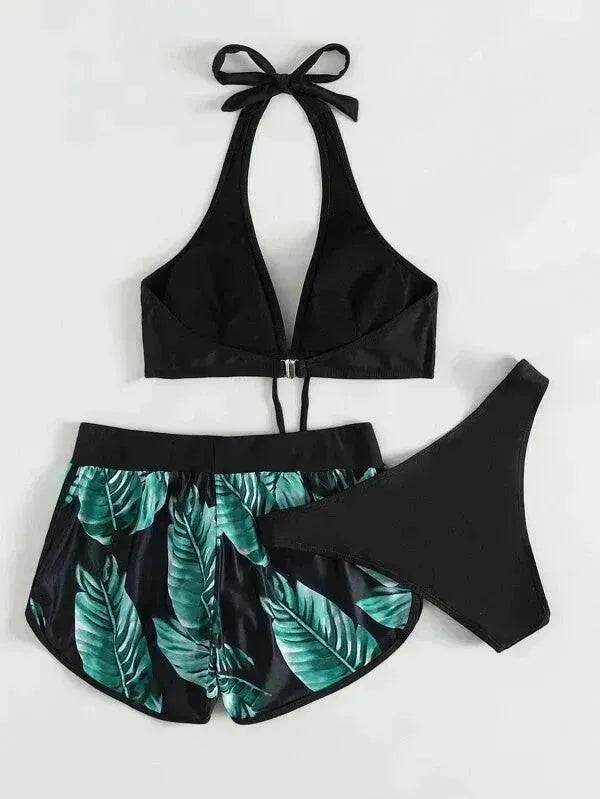 Maillot de bain 3 pièces imprimé feuilles avec short, mode plage été, vêtements pour femmes