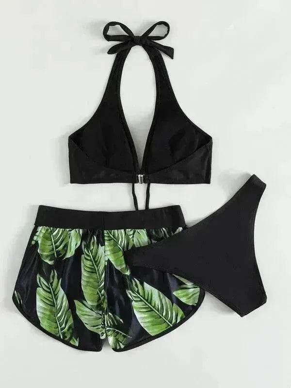 Maillot de bain 3 pièces imprimé feuilles avec short, mode plage été, vêtements pour femmes