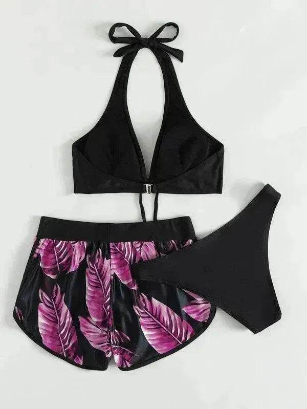 Maillot de bain 3 pièces imprimé feuilles avec short, mode plage été, vêtements pour femmes