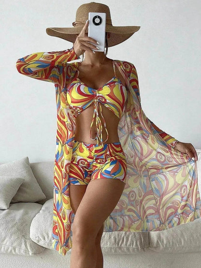 3pcs Pring Bikini With Long Sleeve Cardigan Fashion Summer Beach Swimsuit Women