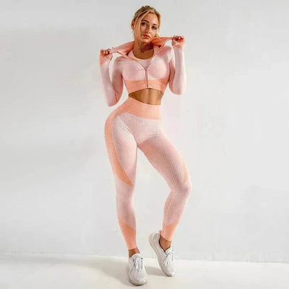 Women 3PCS Gym Set Seamless Sport Yoga Set Leggings Crop Bra Top  Fitness Gym Set Outfit