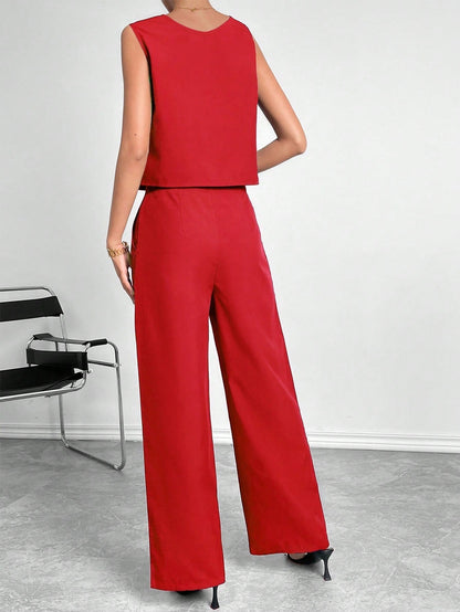 Women's Sleeveless Round Neck Crop Top & Wide Leg Pants Two-Piece Set – Casual Solid Color Office Wear Outfit