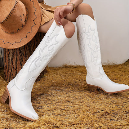 Womens Richly Embroidered Slip-On Cowboy Boots - Fashionable Pointed Toe, Chunky Heel, High Knee Height - Authentic Western Style with Ultimate Comfort - Perfect for Vacation Wear