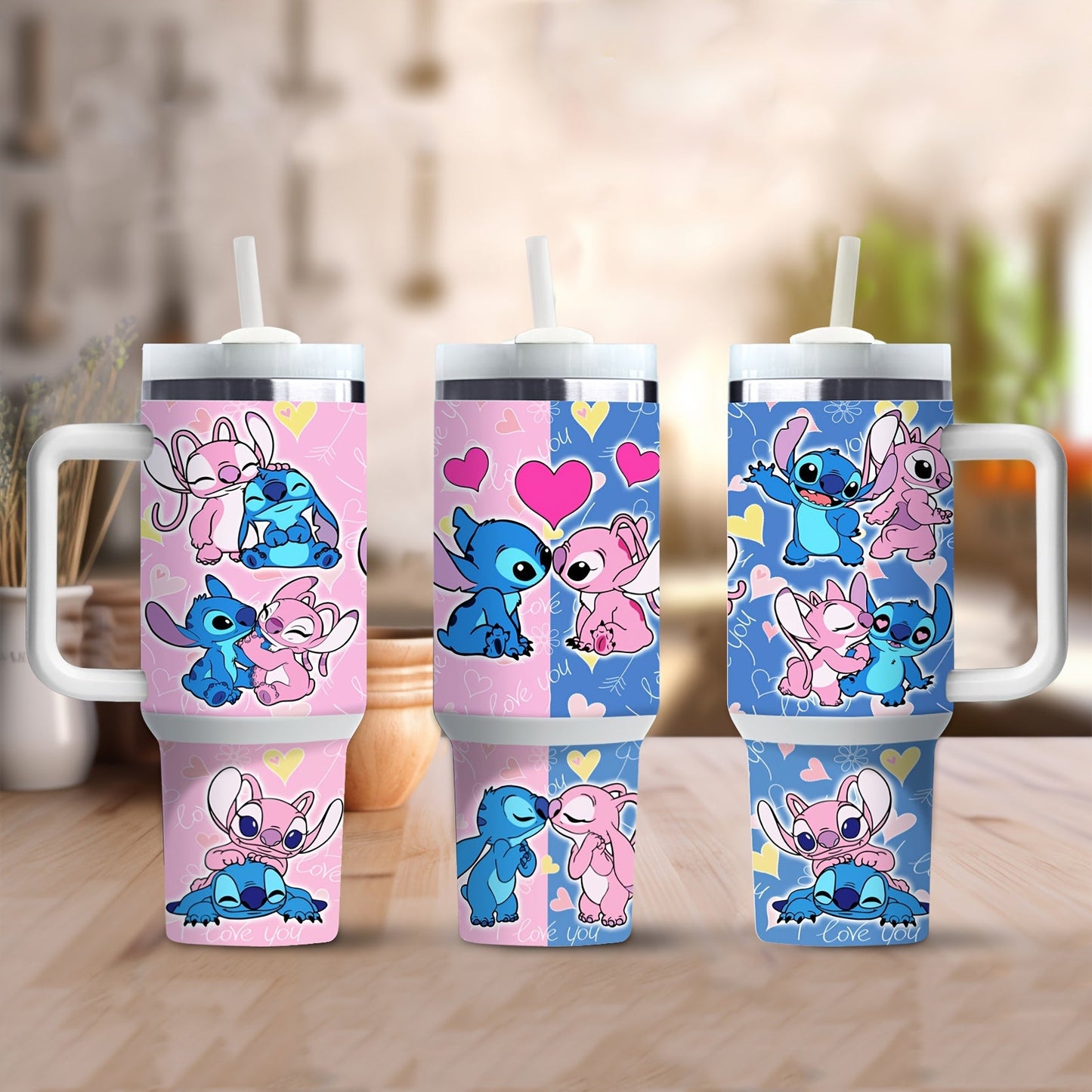 Gobelet isotherme Disney Stitch & Angel 40oz avec poignée - Acier inoxydable, garde les boissons chaudes ou froides, comprend une paille - Cadeau parfait pour la Saint-Valentin pour la famille et les amis