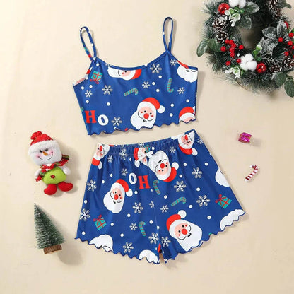Pyjama de Noël européen et américain pour femme - Débardeur et short - Soie de lait - Simple et décontracté - Deux pièces - Vêtement d'intérieur